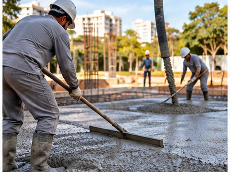 Trabalhadores nivelando concreto